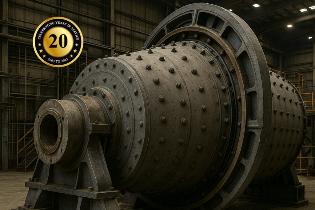 Close-up view of a large industrial grinding mill undergoing inspection, alignment and component replacement