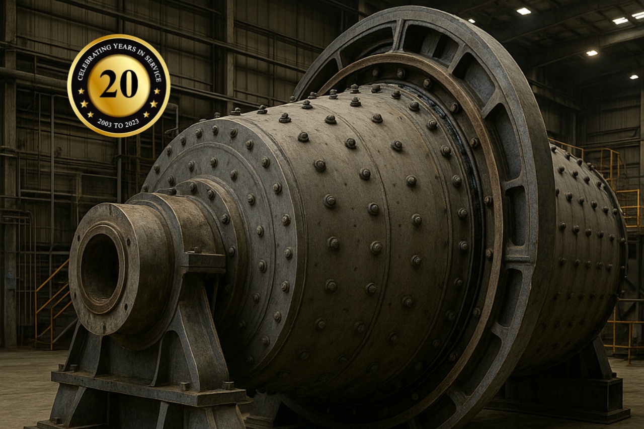 Close-up view of a large industrial grinding mill undergoing inspection, alignment and component replacement