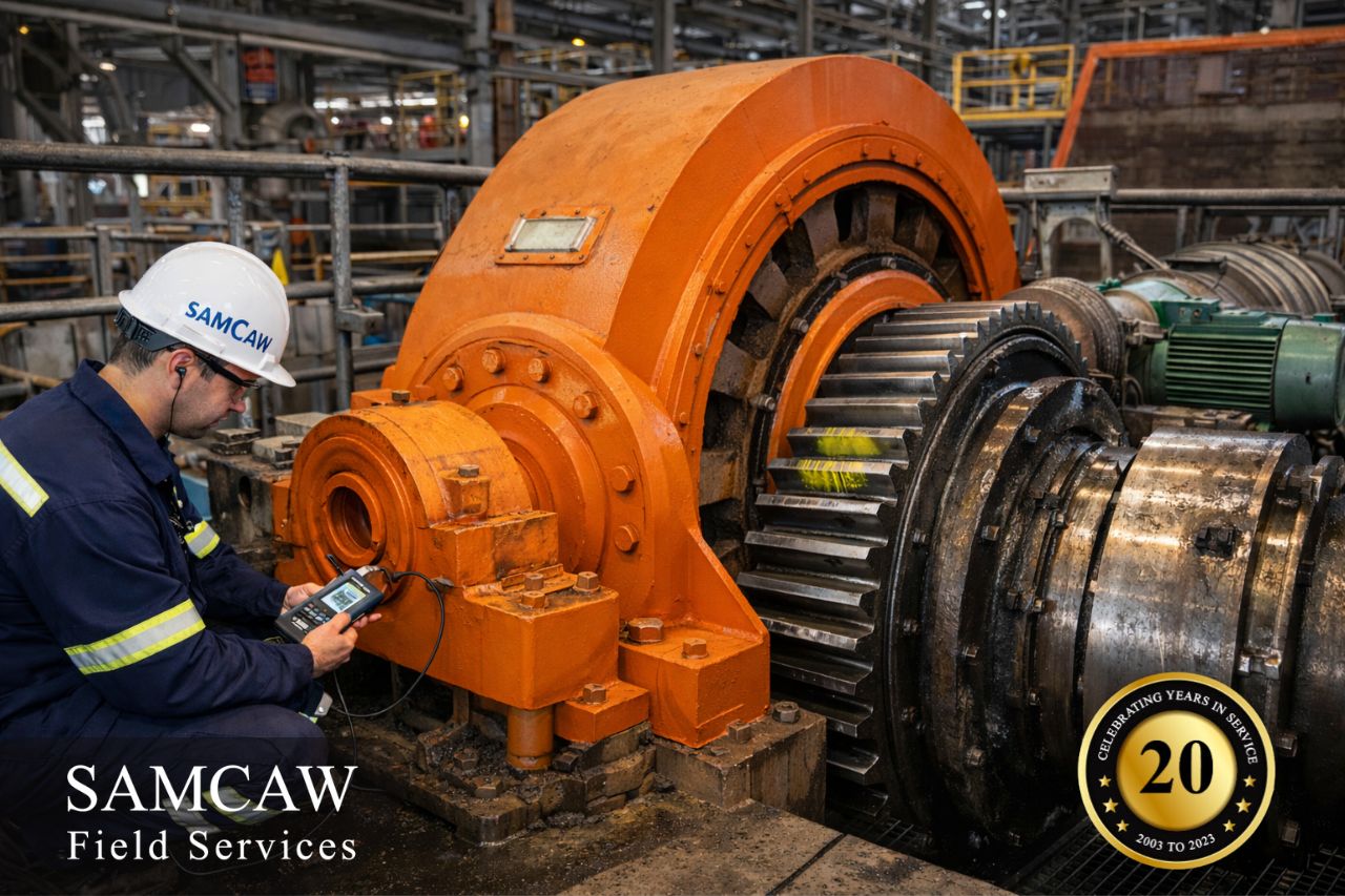 Technician taking vibration readings on ball mill bearing during monthly inspection